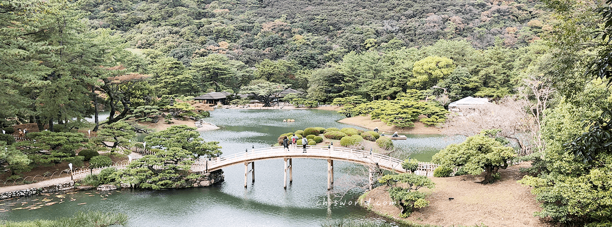 香川高松栗林公園從飛來峰眺望景色